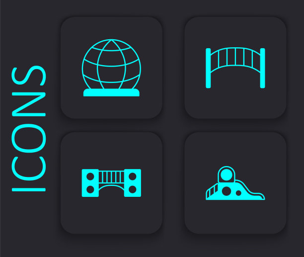 集滑梯游乐场、游乐场攀爬设备、儿童桥和图标。黑色方形按钮。向量图片下载