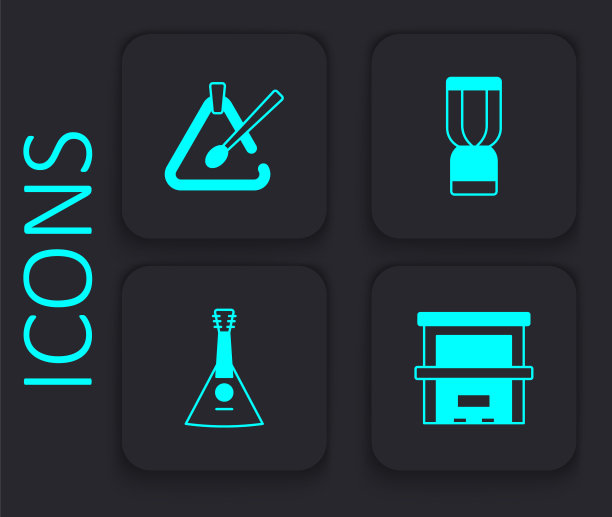集钢琴，三角乐器，非洲djembe鼓和Balalaika图标。黑色方形按钮。向量图片下载