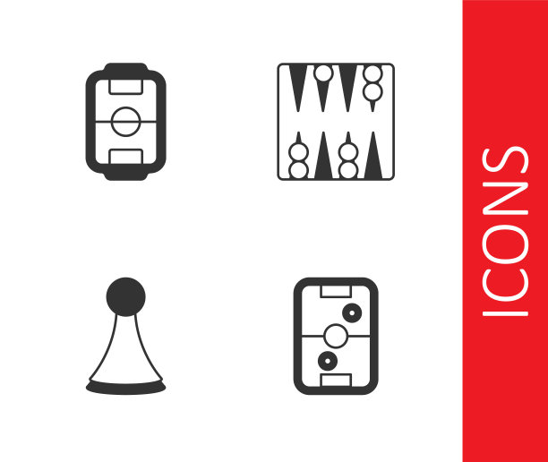 集空气曲棍球桌，桌足球，芯片棋盘游戏和西洋双陆棋图标。向量图片下载