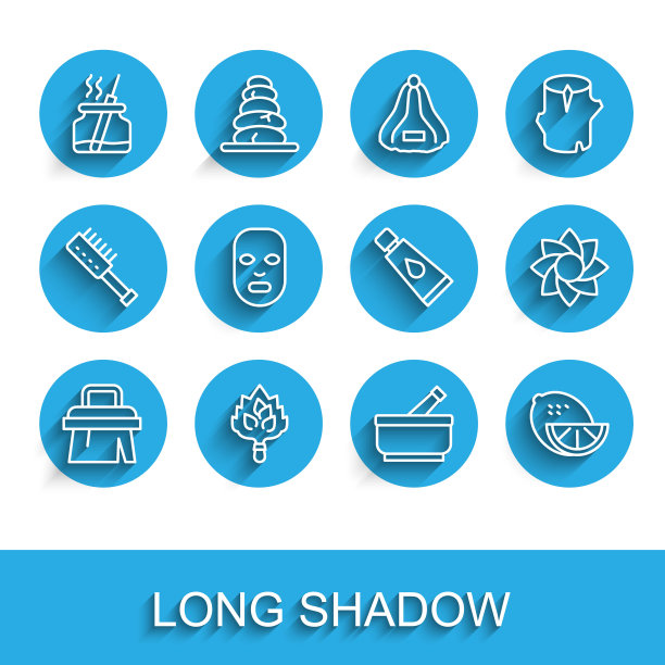 套装线桑拿刷，扫帚，芳香扩散器，研钵和杵，柠檬，面部美容面膜，花和霜乳液管图标。向量图片下载