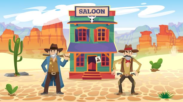 在一个荒凉的西部小镇，两个牛仔站在一家酒馆前等待决斗图片下载