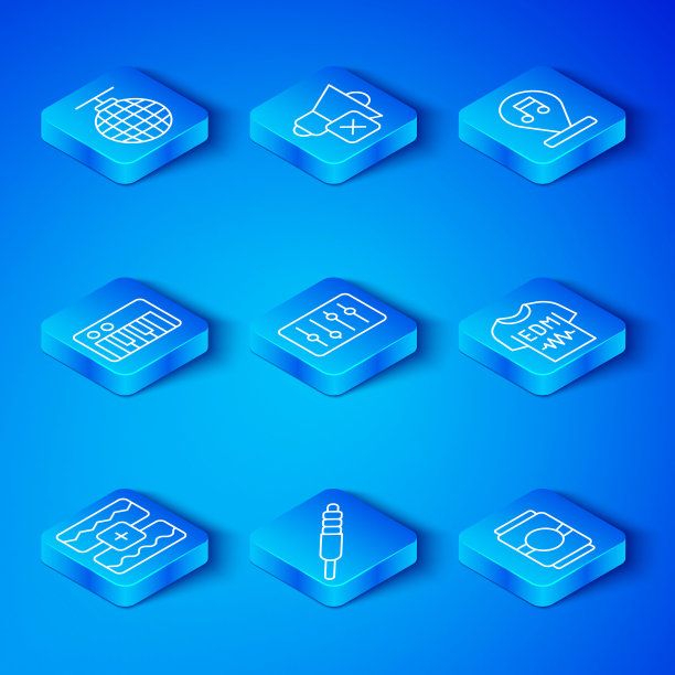 设置线音乐波均衡器，混音控制器，音频插孔，t恤，笔记，音调，合成器，迪斯科球和啤酒罐图标。向量图片下载