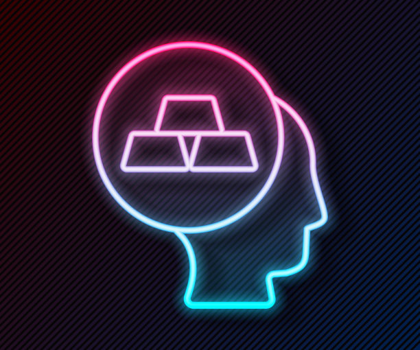 发光的霓虹灯线金条图标孤立的黑色背景。银行经营理念。向量图片下载