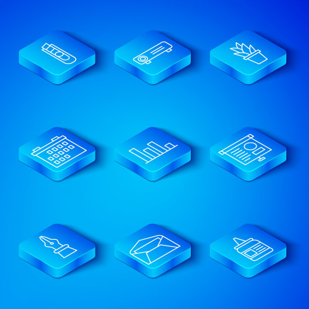 集线钢笔笔尖，饼图信息图，信封，黑板与图表，花盆，日历，文具刀和胶水图标。向量图片下载