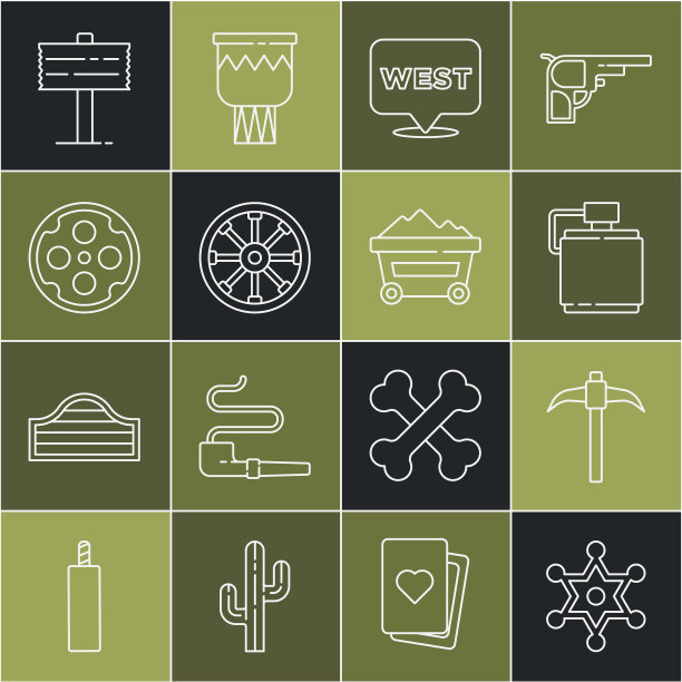 设置线六角警长，鹤嘴锄，水壶，指针到狂野的西部，旧木轮，左轮手枪缸，道路交通路标和煤矿手推车图标。向量图片下载