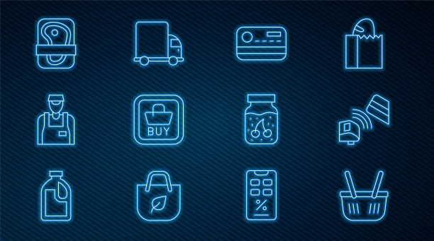 设置线购物篮，POS终端与信用卡，信用，购买按钮，卖方，肉类包装牛排，果酱罐和交付货物卡车图标。向量图片下载