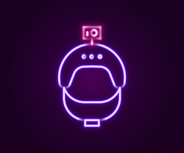 发光的霓虹灯线头盔和动作相机图标孤立的黑色背景。色彩缤纷的轮廓概念。向量图片下载