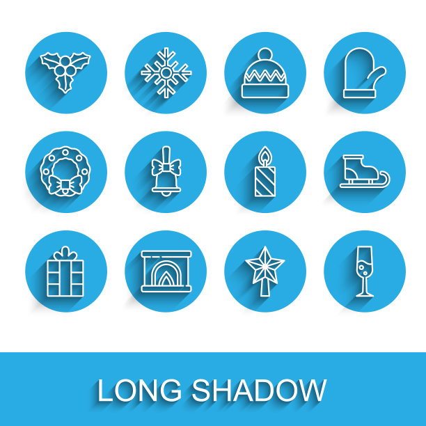 礼品盒、室内壁炉、荚蒾树枝、圣诞星、香槟酒杯等组合矢量图标图片下载