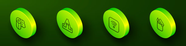 设置等距线纸巾卷，旅游帐篷，Wi-Fi无线网络和打火机图标。向量图片下载