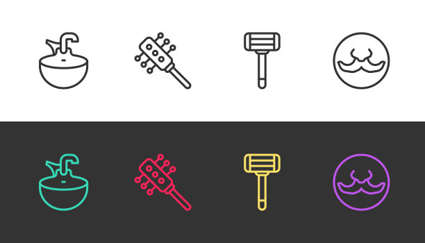 黑白两色面盆、发刷、刮胡刀、胡须。向量图片下载