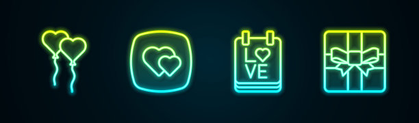 设置线气球形式的心，心，日历2月14日和礼盒。发光的霓虹灯图标。向量图片下载