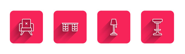 系列扶手椅、办公桌、落地灯、长影椅。红色方块按钮。向量图片下载