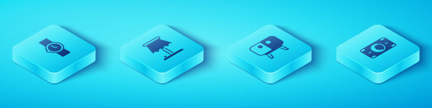 集等距腕表，台灯，堆纸币现金和电视桌站图标。向量图片下载