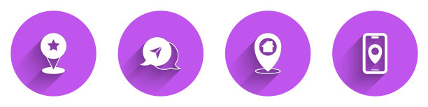 设置星形地图指针，城市地图导航信息图，位置房子和城市图标长阴影。向量图片下载