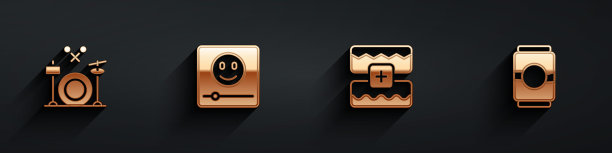 设置鼓，音乐播放器，波均衡器和啤酒可以图标长阴影。向量图片下载