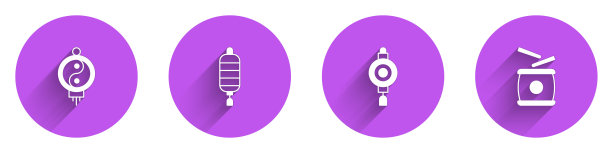 设置中国纸灯笼和长影鼓图标。向量图片下载