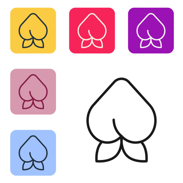 黑线桃果或油桃与叶图标孤立在白色背景。设置图标为彩色方形按钮。向量图片下载