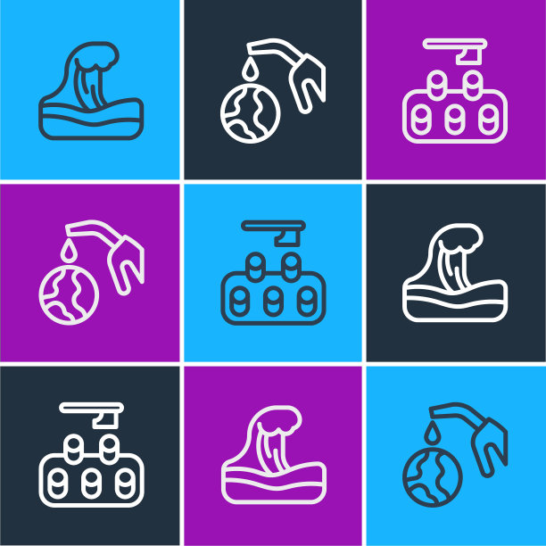 设置线海啸，森林砍伐和燃气泵喷嘴和全球图标。向量图片下载