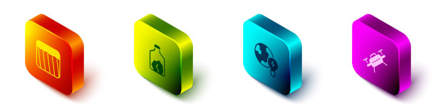 设置等距地面，矿石开采，全球行星与灯泡和无人机图标。向量图片下载