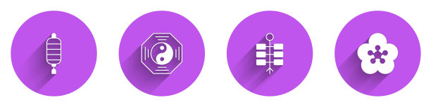 设置中国纸灯笼，阴阳符号，烟花和莲花图标长影子。向量图片下载