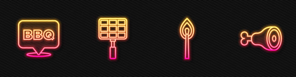 火种火柴，烧烤，钢架，鸡腿。发光的霓虹灯图标。向量图片下载