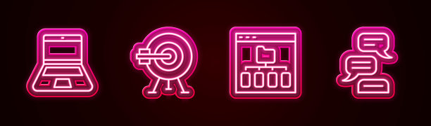 设置线笔记本电脑，目标与箭头，浏览器文件和语音气泡聊天。发光的霓虹灯图标。向量图片下载