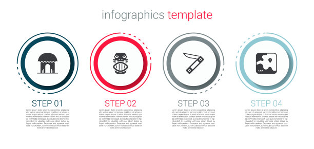 设置非洲小屋，墨西哥玛雅或阿兹特克面具，瑞士军刀和狩猎地图。业务信息图表模板。向量图片下载