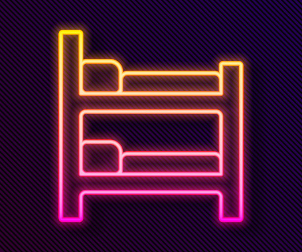 发光的霓虹线双层床图标孤立的黑色背景。向量图片下载