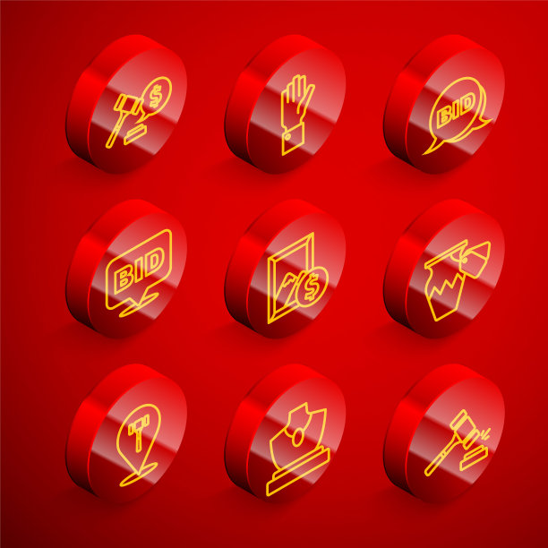 拍卖槌价格、手持拍卖、投标、绘画、古代花瓶和珠宝销售图标矢量图图片下载