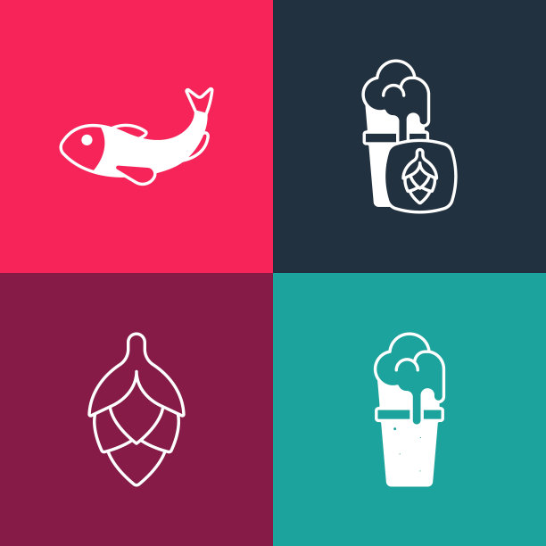 设置流行艺术杯啤酒，啤酒花和干鱼图标。向量图片下载