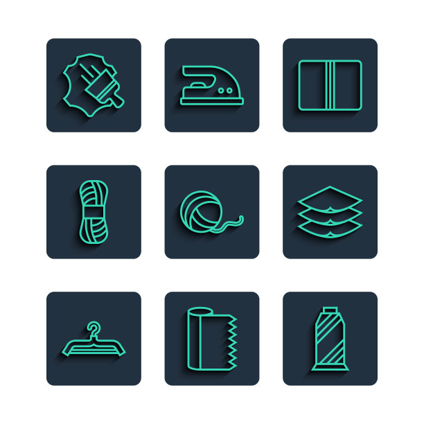 集线衣架衣橱，纺织面料卷，缝纫线在线轴上，纱球，皮革和层服装纺织图标。向量图片下载