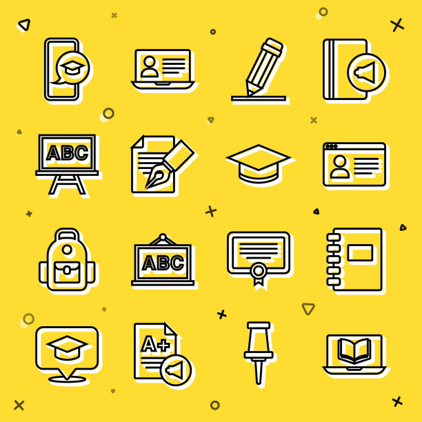 在线课程，螺旋笔记本，铅笔与橡皮擦，考试表和铅笔，黑板，毕业帽在手机上和图标。向量图片下载