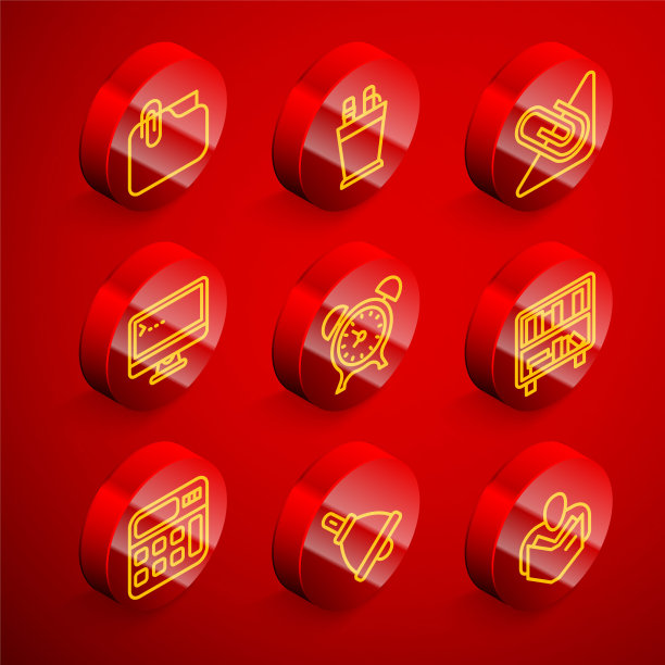 设置行文件夹夹，铅笔盒文具，纸，电脑显示器，闹钟，书架上的书，计算器和铃声图标。向量图片下载