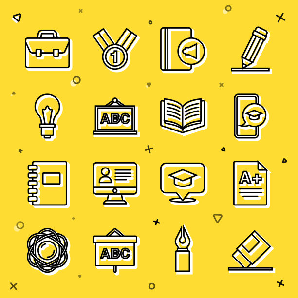设置行橡皮擦或橡胶，考试表与A +等级，毕业帽上的移动，有声书，黑板，灯泡的想法，公文包和打开图标。向量图片下载