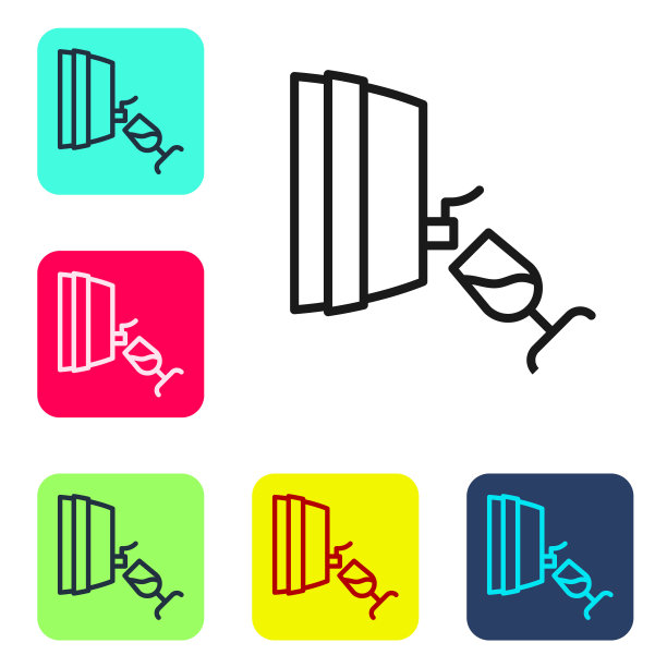 黑线品酒，品尝图标孤立的白色背景。带玻璃的木桶装酒。设置图标为彩色方形按钮。向量图片下载