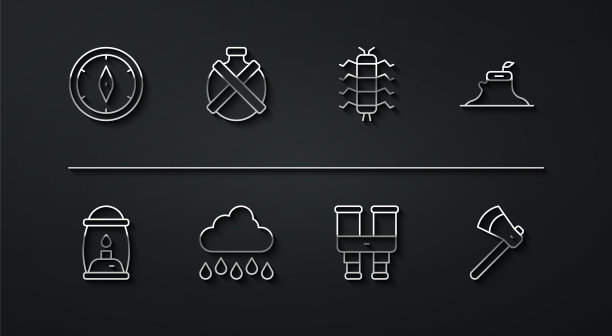 套线指南针，野营灯，树桩，双筒望远镜，云与雨，水壶，木斧和蜈蚣昆虫图标。向量图片下载