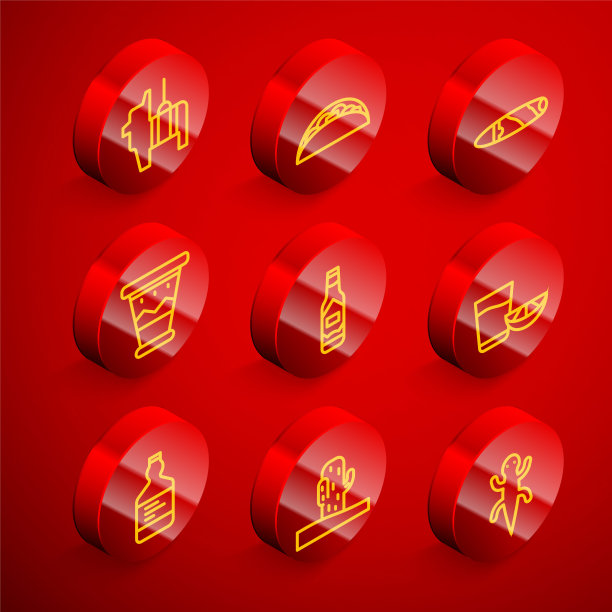 设线皮纳塔，墨西哥卷饼，雪茄，墨西哥鼓，塔巴斯科酱，龙舌兰酒玻璃柠檬，瓶子和仙人掌图标。向量图片下载