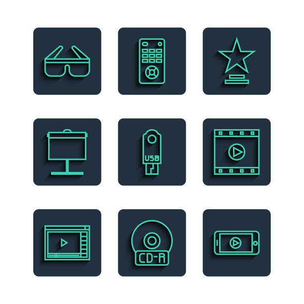在线播放视频，CD或DVD光盘，电影奖杯，USB闪存驱动器，投影屏幕，3D电影眼镜和播放视频图标。向量图片下载