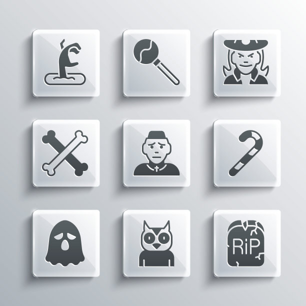 集猫头鹰鸟，墓碑与RIP写，圣诞糖果手杖，牧师，鬼，交叉的骨头，僵尸手和女巫的图标。向量图片下载