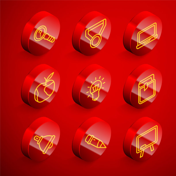 设置线未知搜索，奖章，笔记本电脑，苹果，灯泡，书，铃声和铅笔橡皮图标。向量图片下载