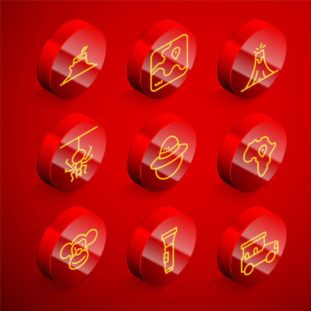 设置线树桩，非洲狩猎地图，火山爆发，蜘蛛，露营帽，地图，猴子和手电筒图标。向量图片下载