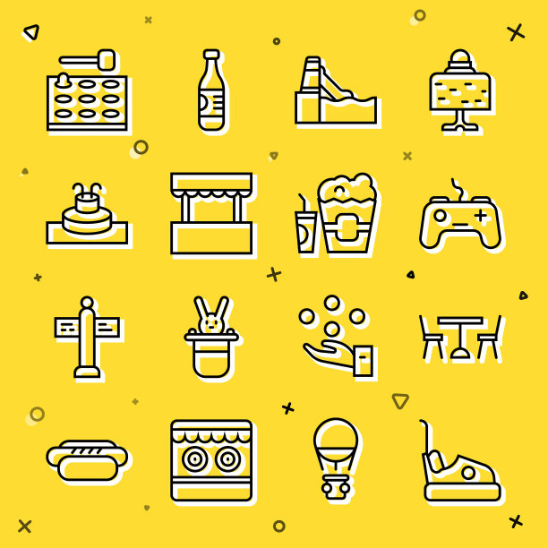 设置线碰碰车，带椅子的野餐桌，手柄，水滑梯，售票处，喷泉，街机游戏机和爆米花和玻璃图标。向量图片下载