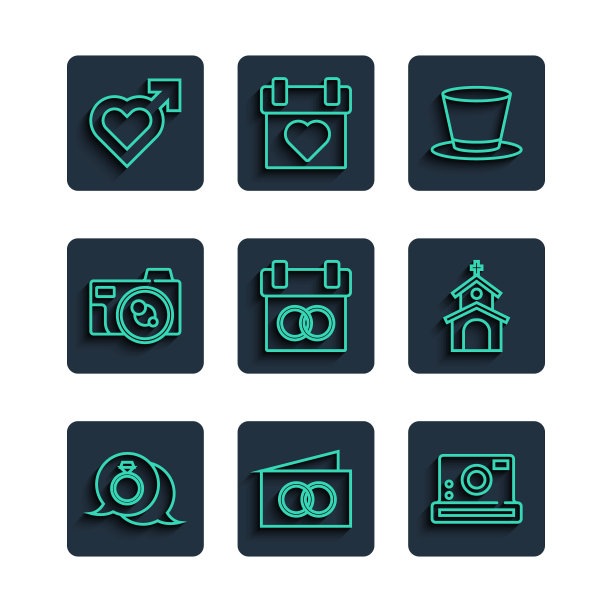 钻石订婚戒指，贺卡，照相机，圆柱帽，日历，心脏与男性性别和教堂建筑图标。向量图片下载