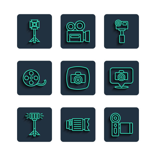 设置线工作室灯泡在软箱，相机照片镜头，电影相机，动作极限，照片，电影卷轴，和图标。向量图片下载