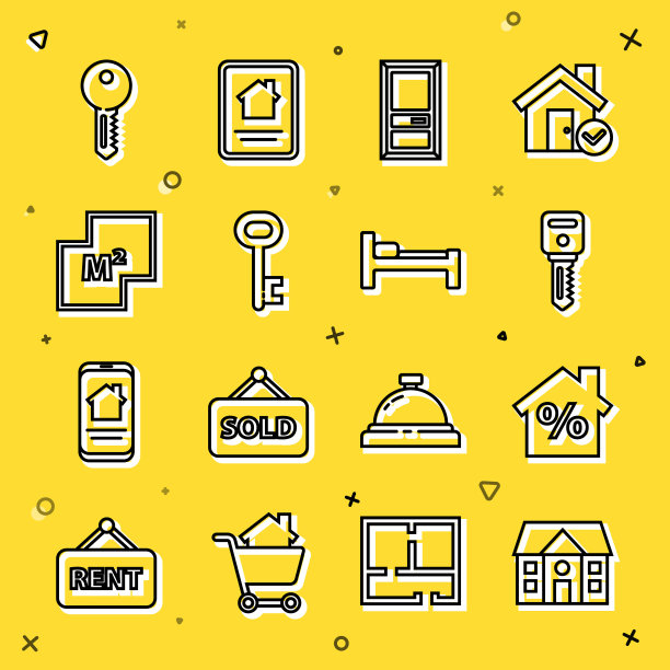 设置线的房子，有百分之几的折扣，钥匙，关上门，计划，和床的图标。向量图片下载