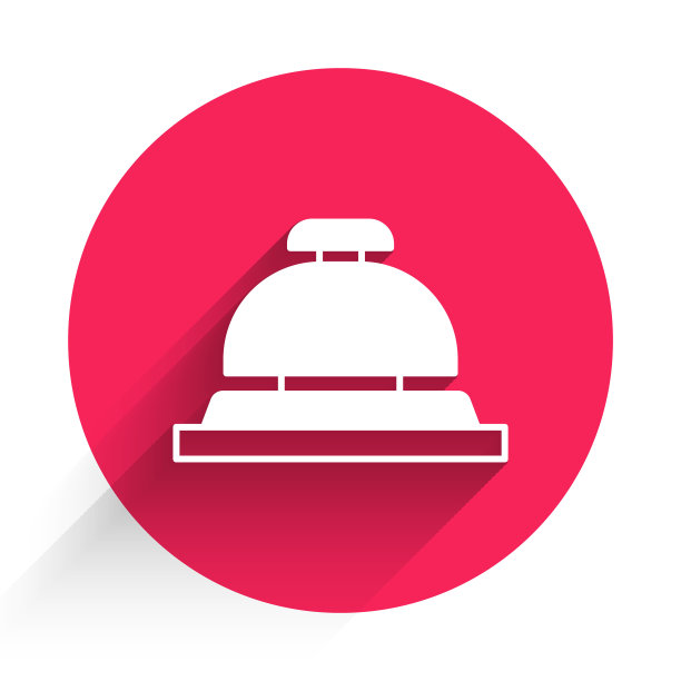 白色的酒店服务钟图标与长长的影子隔离。接待贝尔。红色圆圈按钮。向量图片下载