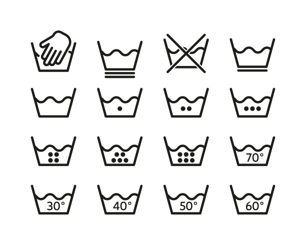 一组洗衣图标，代表在洗衣机里洗衣服。插图包括洗衣机的水，洗衣粉，衣服被洗。图片下载