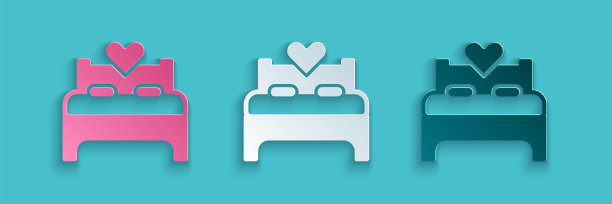 剪纸卧室图标孤立的蓝色背景。婚礼，爱情，婚姻的象征。卧室创意图标从蜜月收集。纸艺风格。向量图片下载