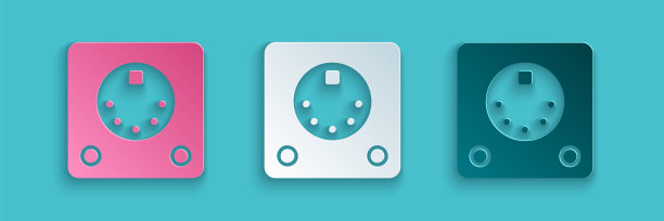 剪纸滚筒机图标孤立的蓝色背景。音乐设备。纸艺风格。向量图片下载