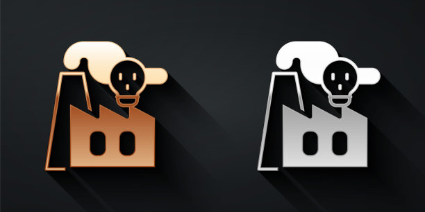 金色和银色烟雾从工厂图标孤立的黑色背景。环境污染问题，工厂管道烟尘，生态工业危害。长影式。向量图片下载